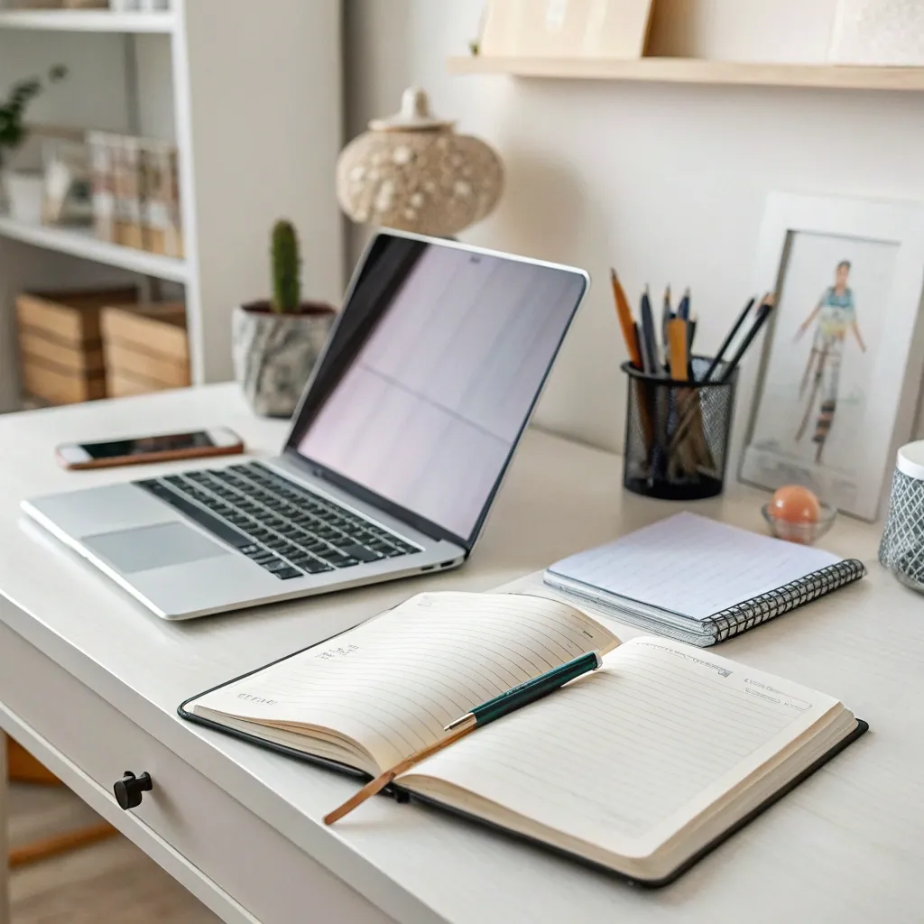 A writing desk with a laptop and notepad